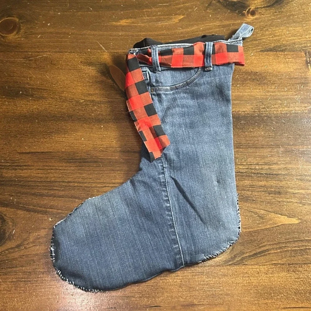 Handmade Rustic Denim Christmas Stocking Buffalo Plaid Red Star‎ Holiday Decor
